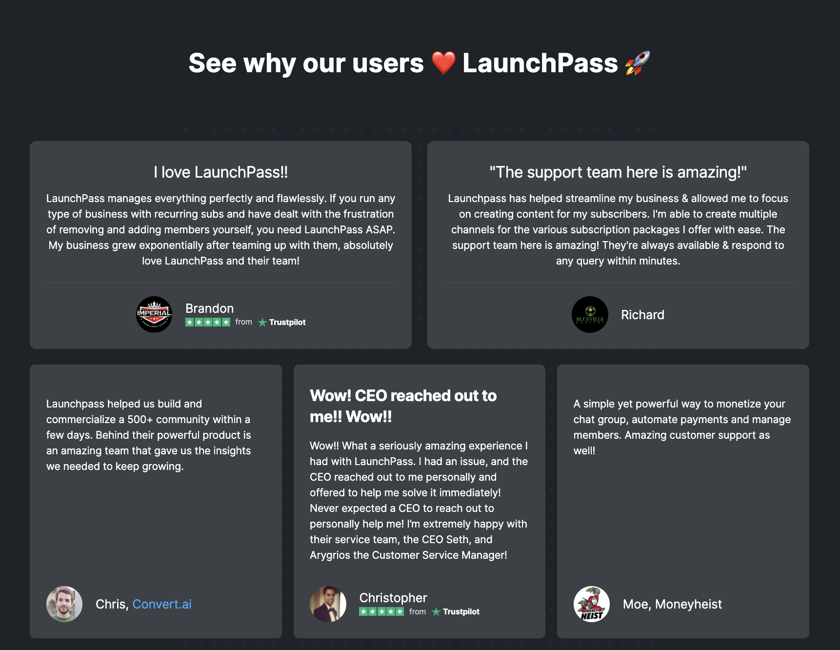 testimonials in launchpass